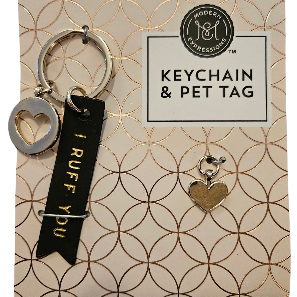 *NEW* Modern Expressions 2-pc Black/Gold Heart Keychain & Pet Tag